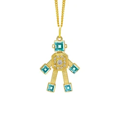 Aquamarine and Diamond Mini Robot Pendant in Yellow Gold