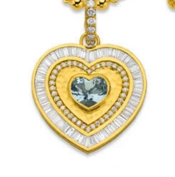 Aquamarine and White Diamond Heart Pendant in Yellow Gold