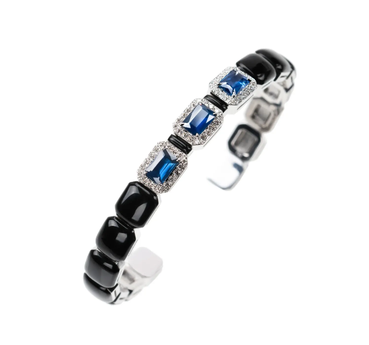 Blue Sapphire and White Diamond Enamel Oui Cuff in White Gold