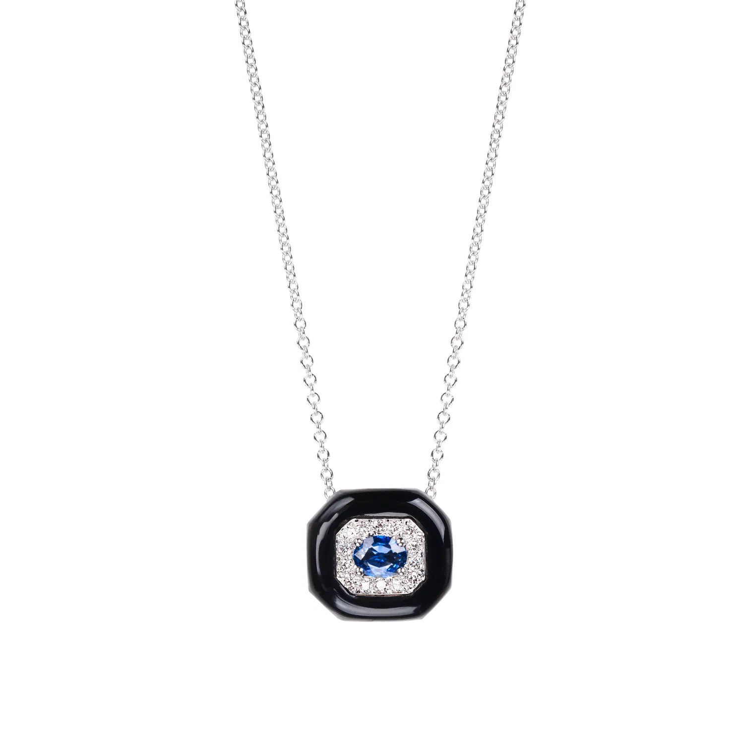 Blue Sapphire and White Diamond Oui Pendant in White Gold
