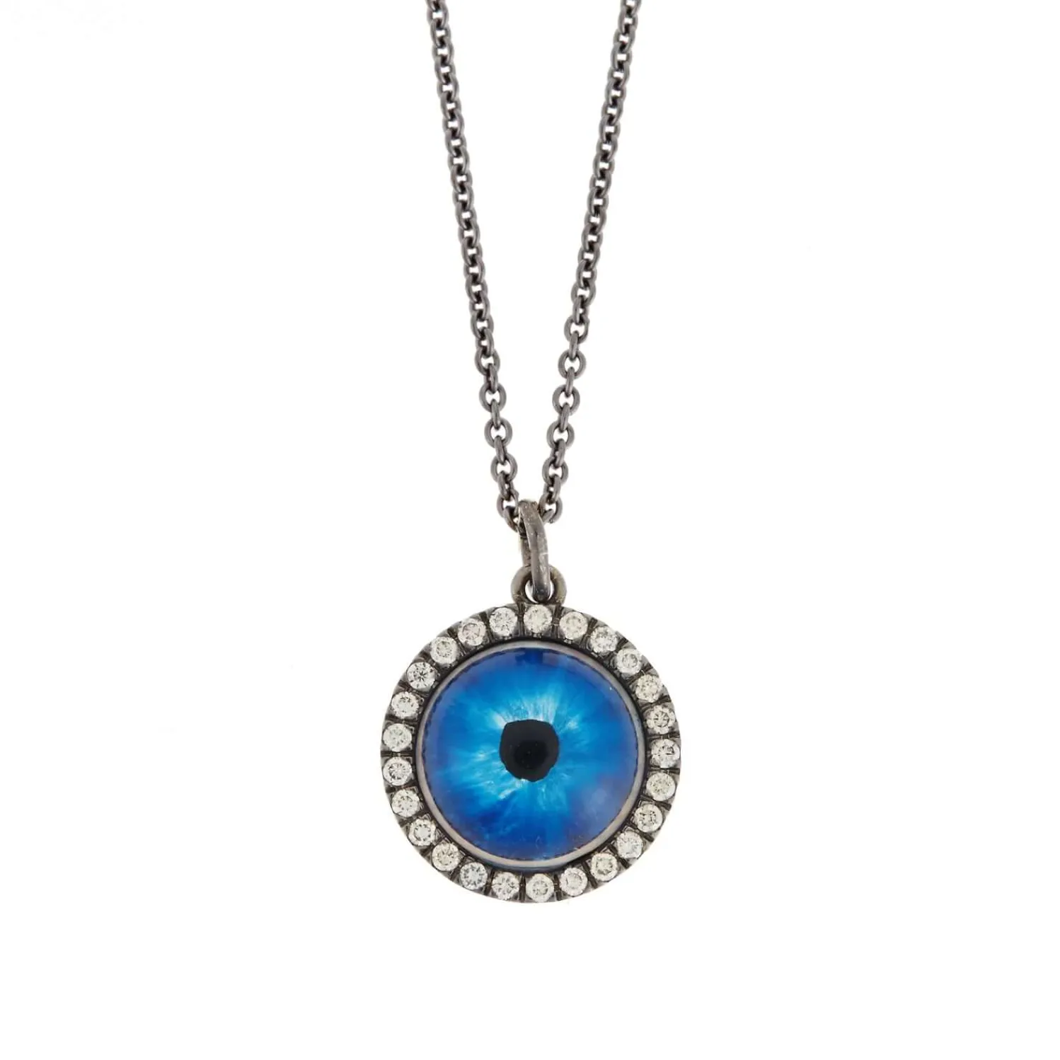 Champagne Diamond Deep Blue Eye Necklace in Blackened White Gold