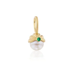 Emerald and Pearl Scallop Pendant in Yellow Gold