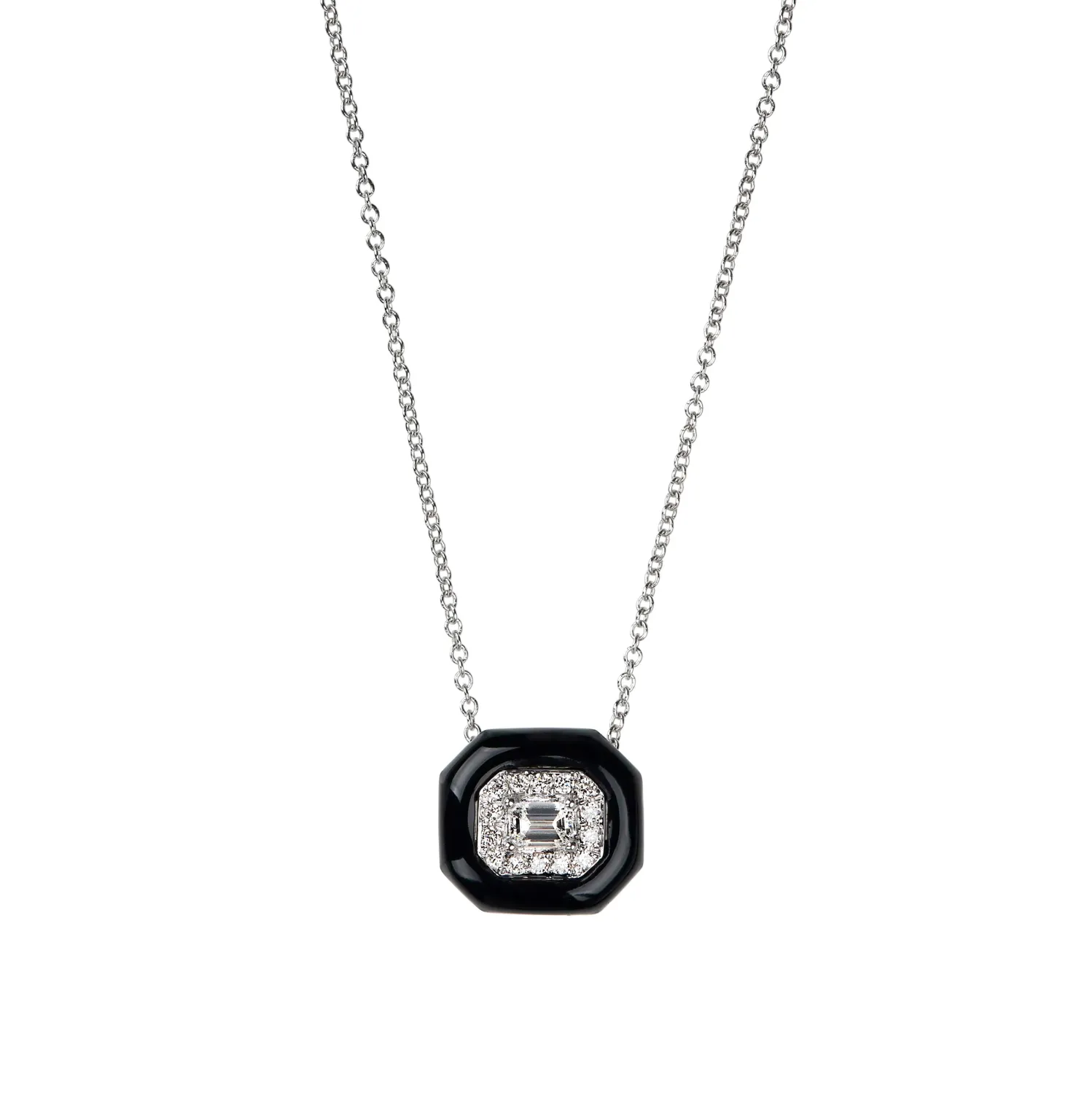 Emerald and White Diamond Oui Necklace in White Gold