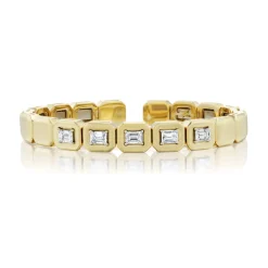 Emerald Cut White Diamond Me Cuff Bracelet in Yellow Gold