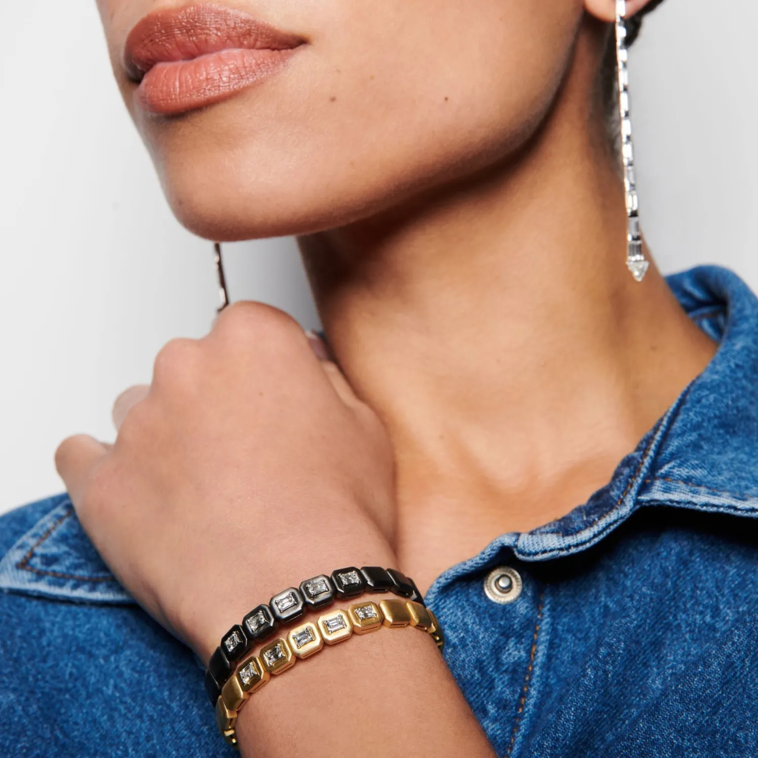 Emerald Cut White Diamond Me Cuff Bracelet in Blackened White Gold