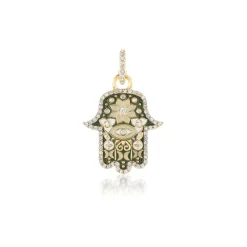 Green Enamel Hamsa Pendant in Yellow Gold