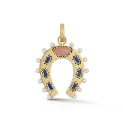 Lapis Pearl and Pink Opal Holly Horseshoe Charm in Yellow Gold