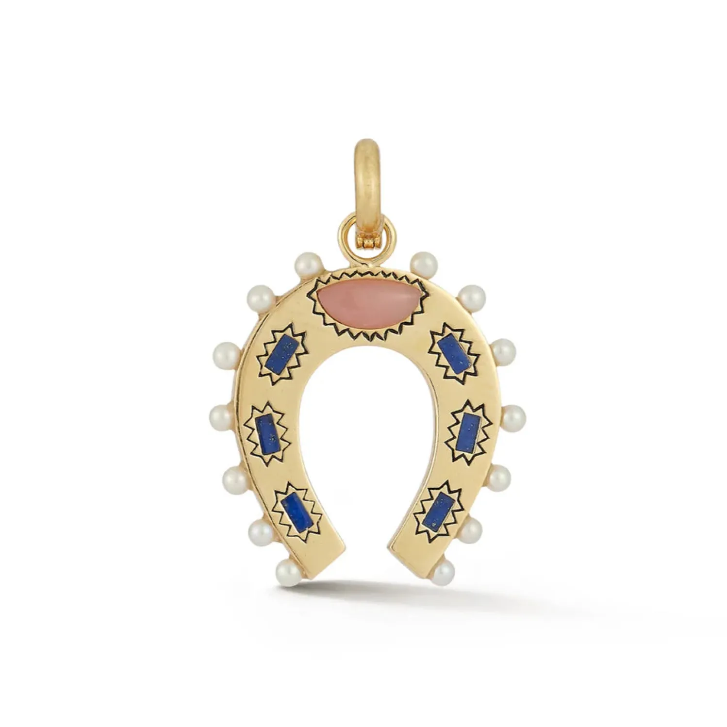 Lapis Pearl and Pink Opal Holly Horseshoe Charm in Yellow Gold