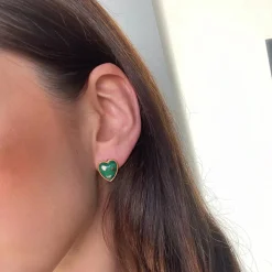Malachite and White Diamond Heart Stud Earring in Yellow Gold