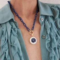 Navy Silk Thread Chain Necklace in Yellow Gold