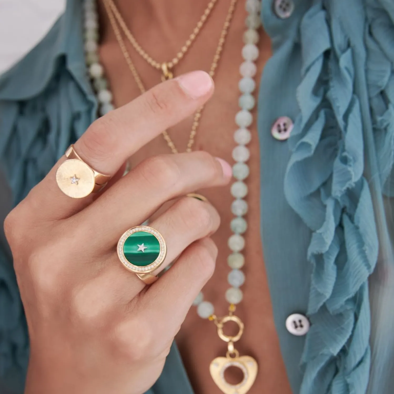 Ora Earth Malachite Adjustable Ring in Yellow Gold