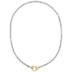 Oxidized Silver Chain with Small Pavé Diamond Lock in Yellow Gold