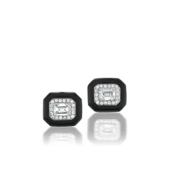 Pavé White Diamond and Enamel Oui Stud Earrings in White Gold