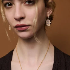 Pink Enamel Hamsa Huggies in Yellow Gold