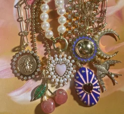 Pink Opal and Pearl Juliana Heart Charm in Yellow Gold