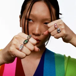 Pink Tourmaline and Blue Topaz Evil Eye Ring in Yellow Gold