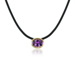 Purple Amethyst Scuba Choker in Black Leather and Yellow Gold