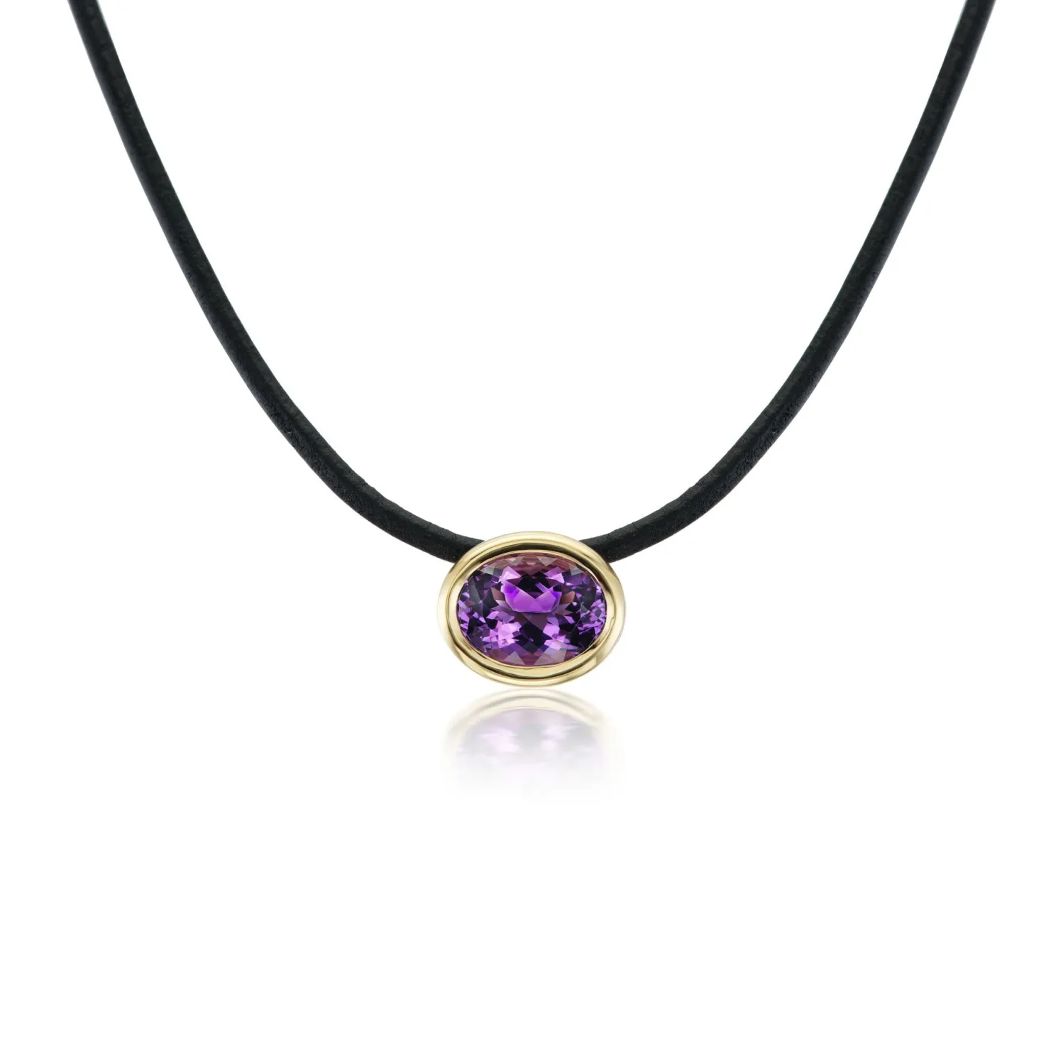 Purple Amethyst Scuba Choker in Black Leather and Yellow Gold