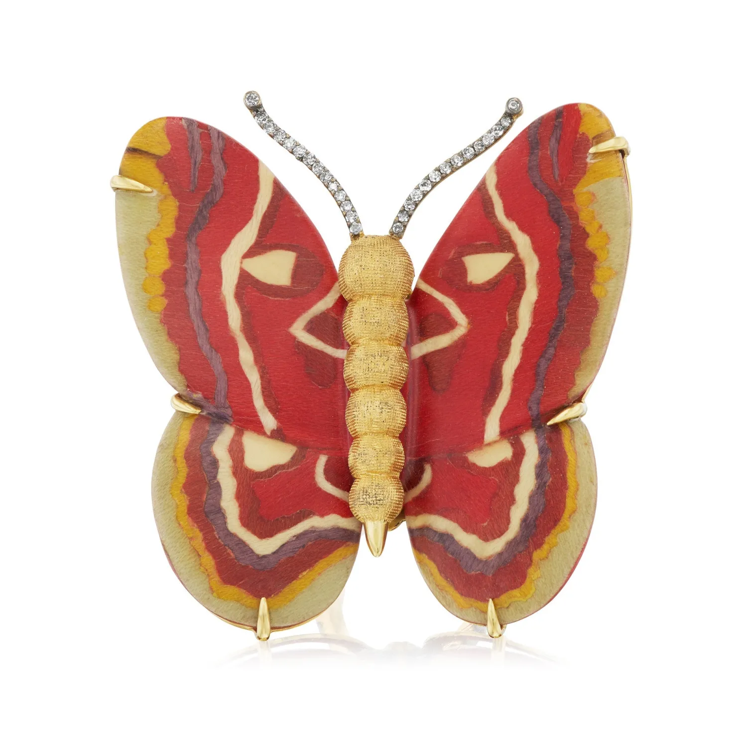 Red Butterfly Marquetry Ring in Yellow Gold