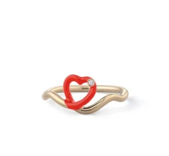 Red Enamel Diamond Heart Ring in Yellow Gold