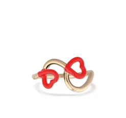 Red Enamel Double Heart Ring in Yellow Gold