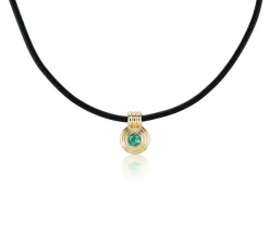 Round Cut Emerald Ripple Choker in Black Leather and Yellow Gold