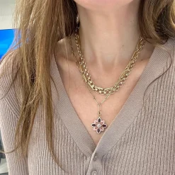 Rubellite and Rhodochrosite Violet Flower Charm in Yellow Gold