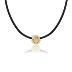 Sol Necklace with Diamond Accent in Black Leather and Yellow Gold