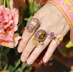 Sphene and Raspberry Sapphire Phaethon Ring in Yellow Gold