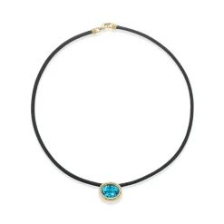 Swiss Blue Topaz Scuba Choker in Black Leather and Yellow Gold