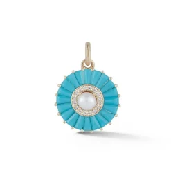 Turquoise and White Pearl Emily Charm in Yellow Gold