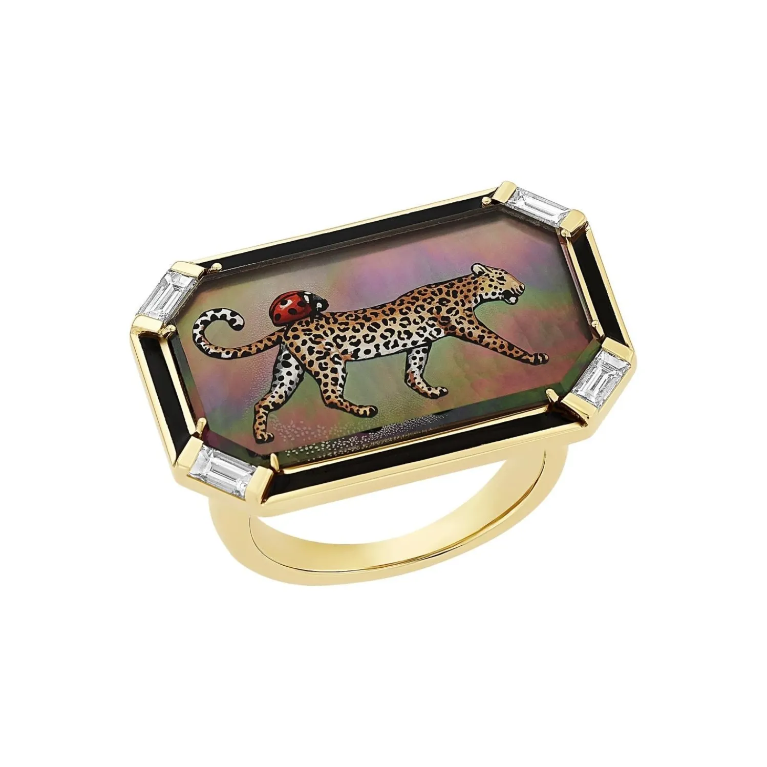 White Diamond and Essex Crystal Reverse Intaglio Ring in Yellow Gold