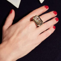 White Diamond and Essex Crystal Reverse Intaglio Ring in Yellow Gold