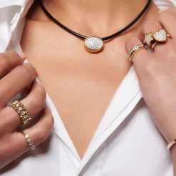 White Diamond Pavé Scuba Choker in Black Leather and Yellow Gold