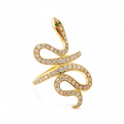 White Diamond Slither Snake Ring in Yellow Gold