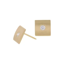 White Diamond Square Stud Earrings in Matte Yellow Gold