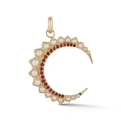 White Pearl and Garnet Estelle Crescent Charm in Yellow Gold